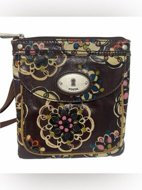 Fossil Key-Per Brown Floral Coated Canvas Crossbody Bag - NWOT